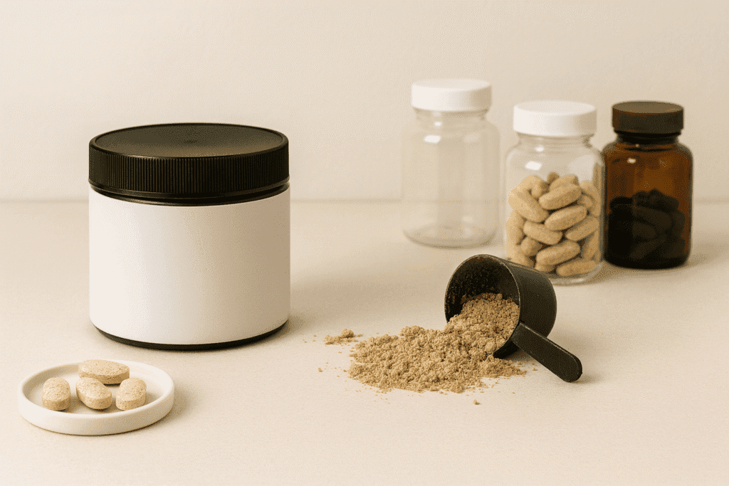 Supplement powder jar and pill bottles on a table — a visual representation of intentional and smart supplementation for men.