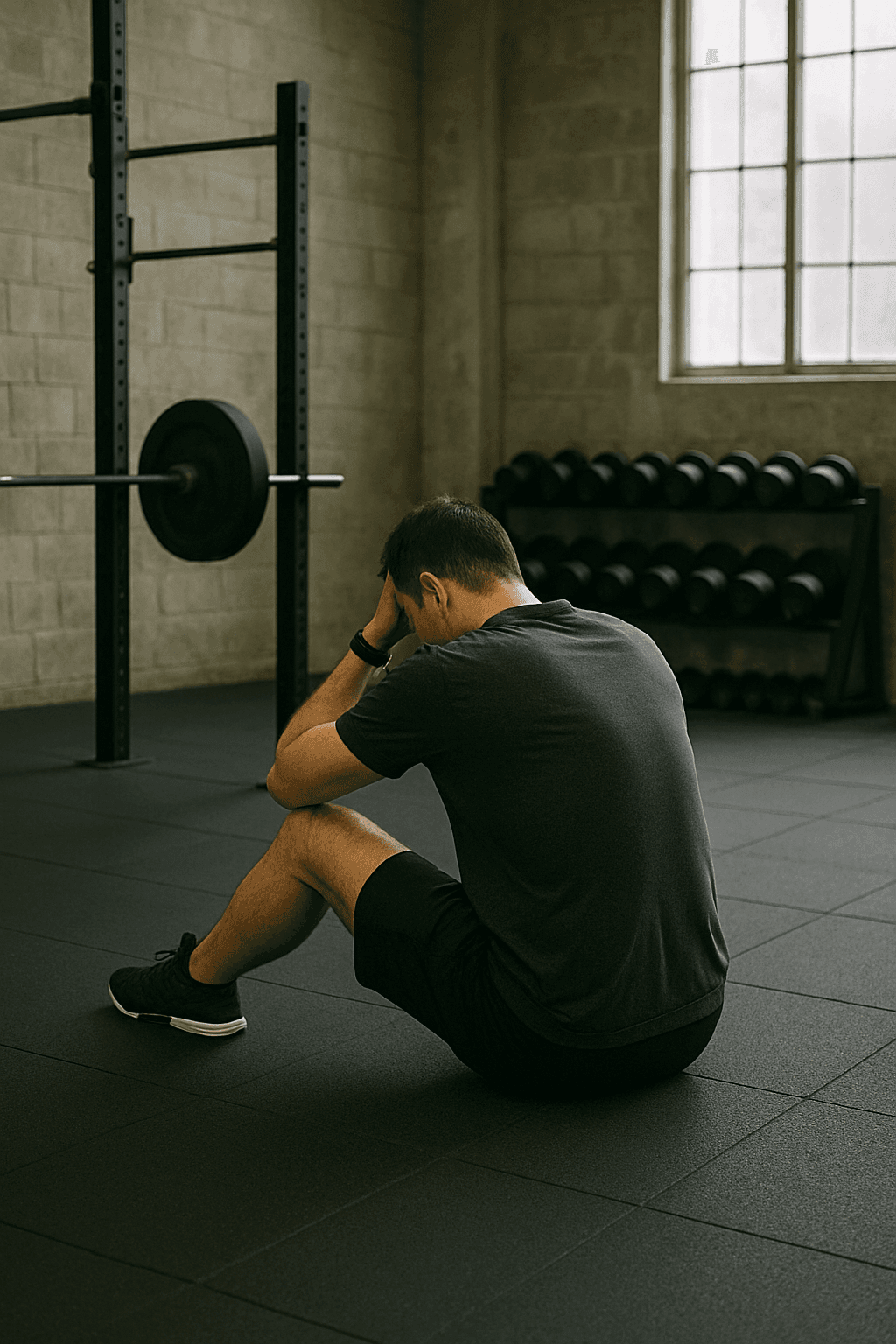 Exhausted man sitting on gym floor after workout — Overtraining and Testosterone effects