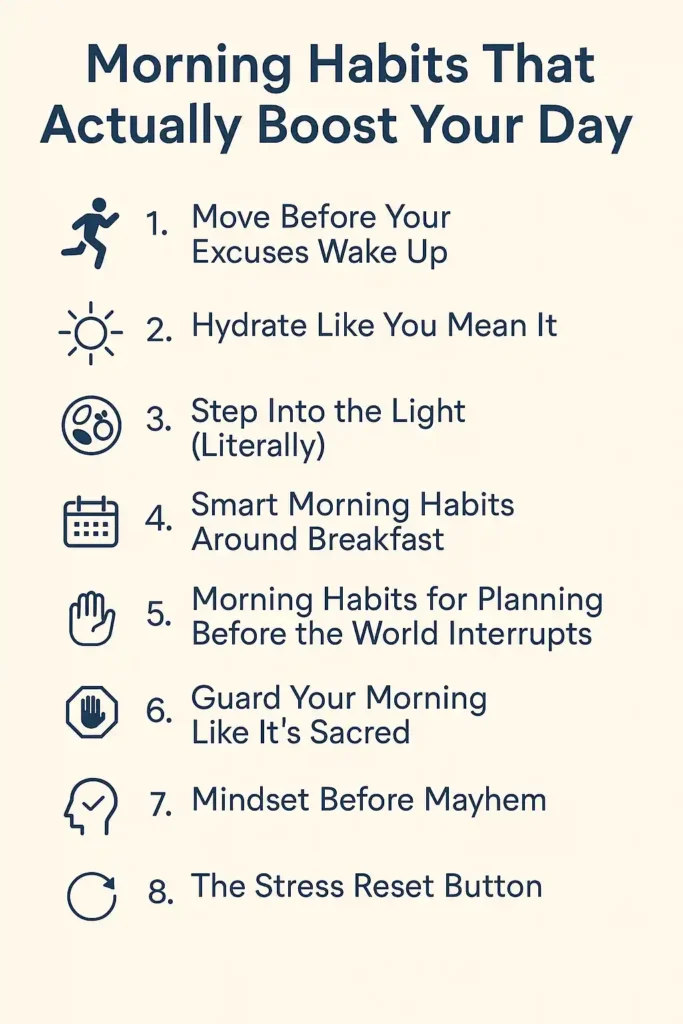 Visual checklist of morning habits that boost energy, focus, and productivity
