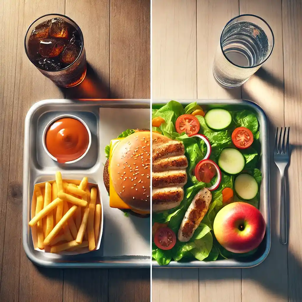Comparison of fast food meal with burger, fries and soda versus healthy salad with chicken and water