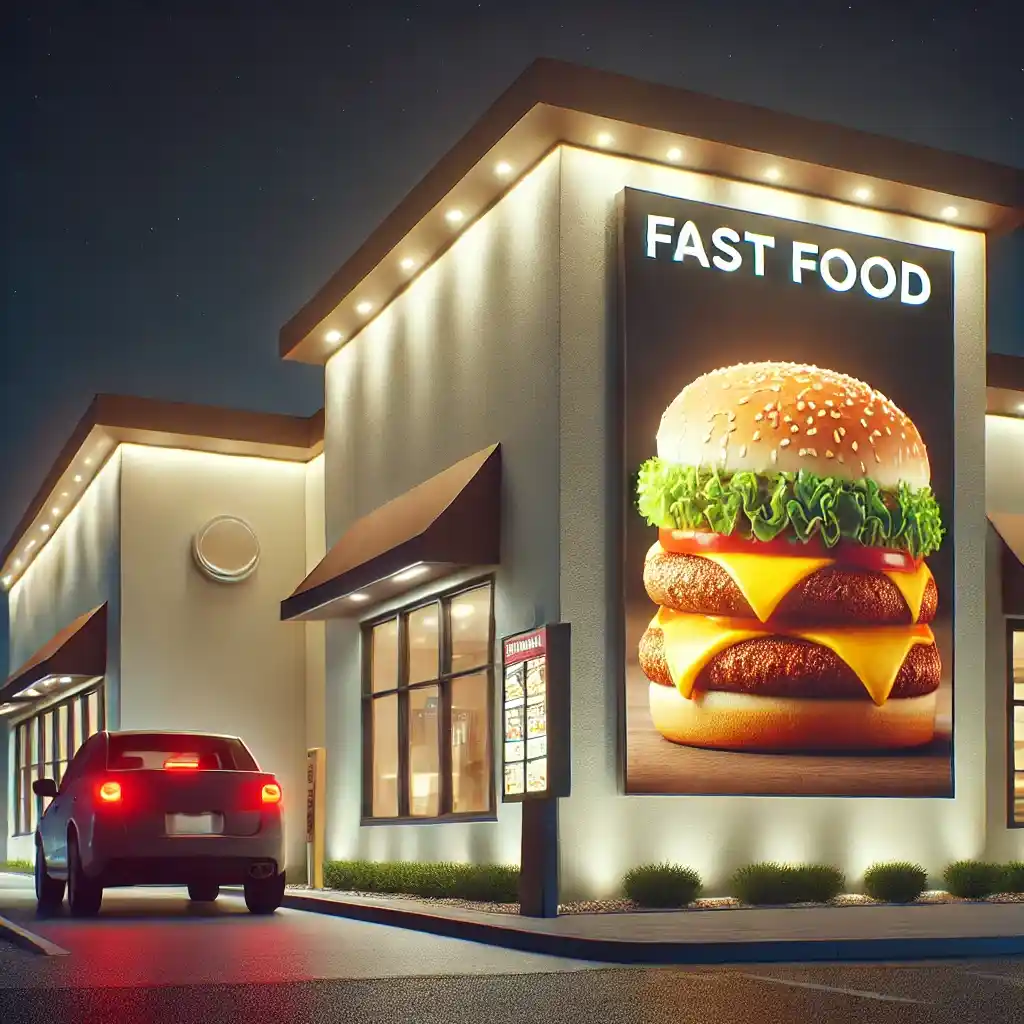Car in drive-thru at night with large fast food burger sign, symbolizing the irresistible appeal of convenience