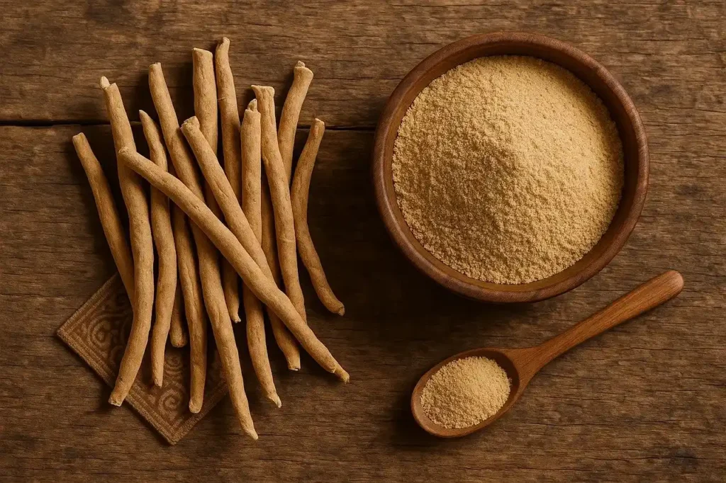 Ashwagandha root and leaves next to a supplement jar