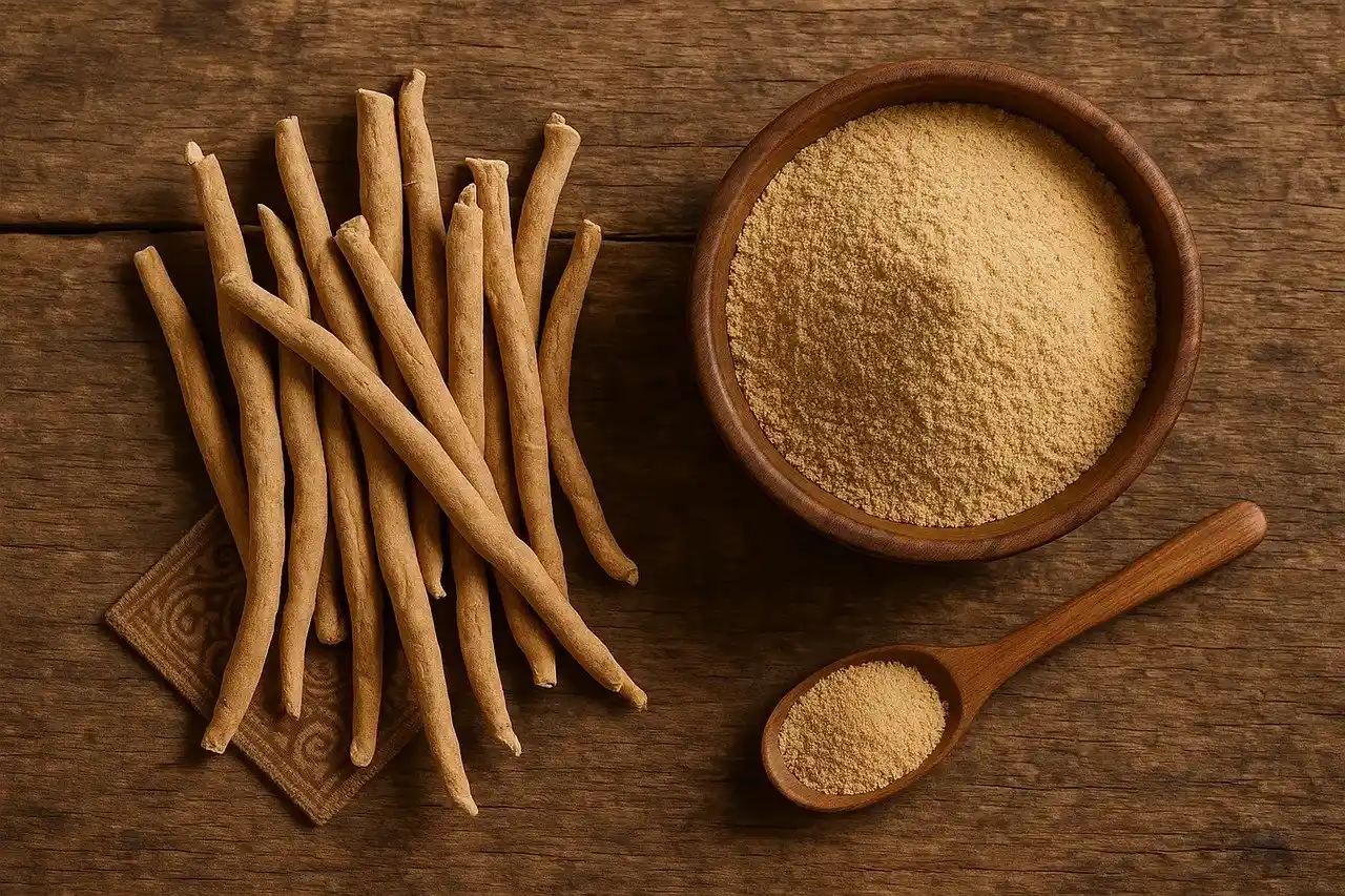 Ashwagandha root and leaves next to a supplement jar