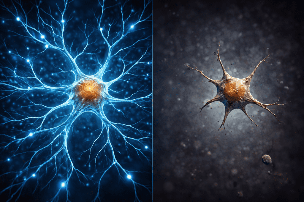 Comparison between a healthy neuron and a degenerated neuron in the aging brain, showing loss of connections and branching