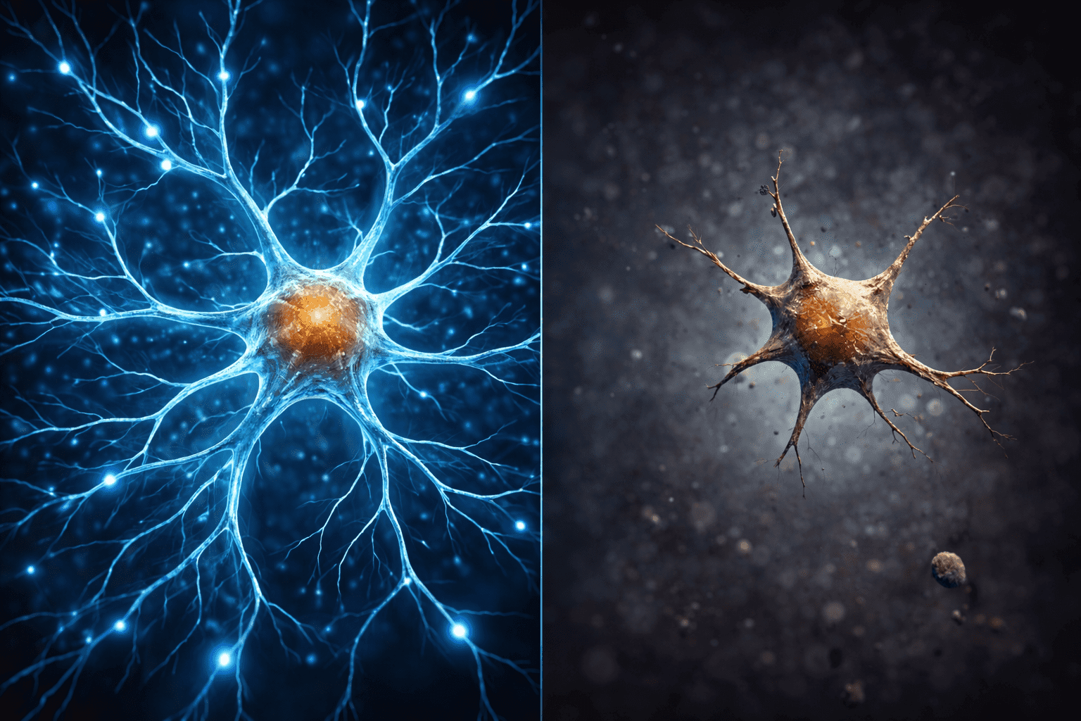 Comparison between a healthy neuron and a degenerated neuron in the aging brain, showing loss of connections and branching
